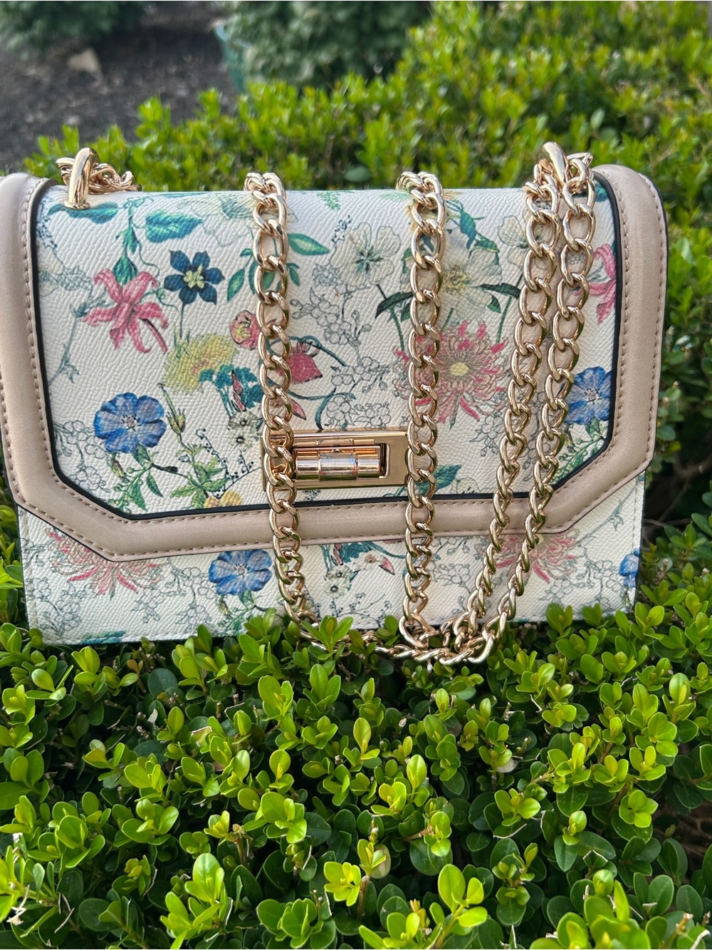 Aldo Floral Print Chain Shoulder Bag in Cream